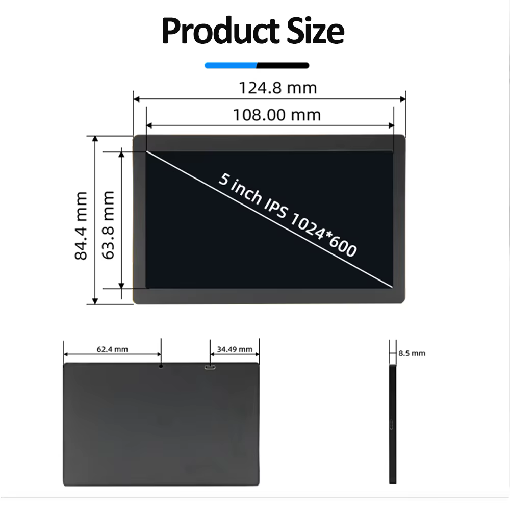 Écran secondaire IPS type-c de 5/7 pouces, écran LCD dynamique 1024x600, CPU GPU RAM, surveillance, 