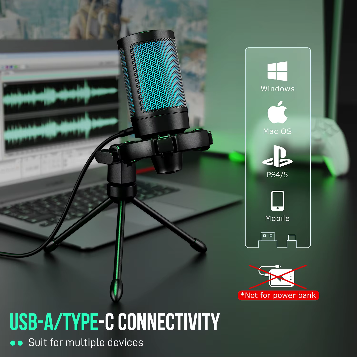 AmpliGame par FIFINE RGB USB Microphone de jeu avec sourdine tactile, micro à condensateur avec trép