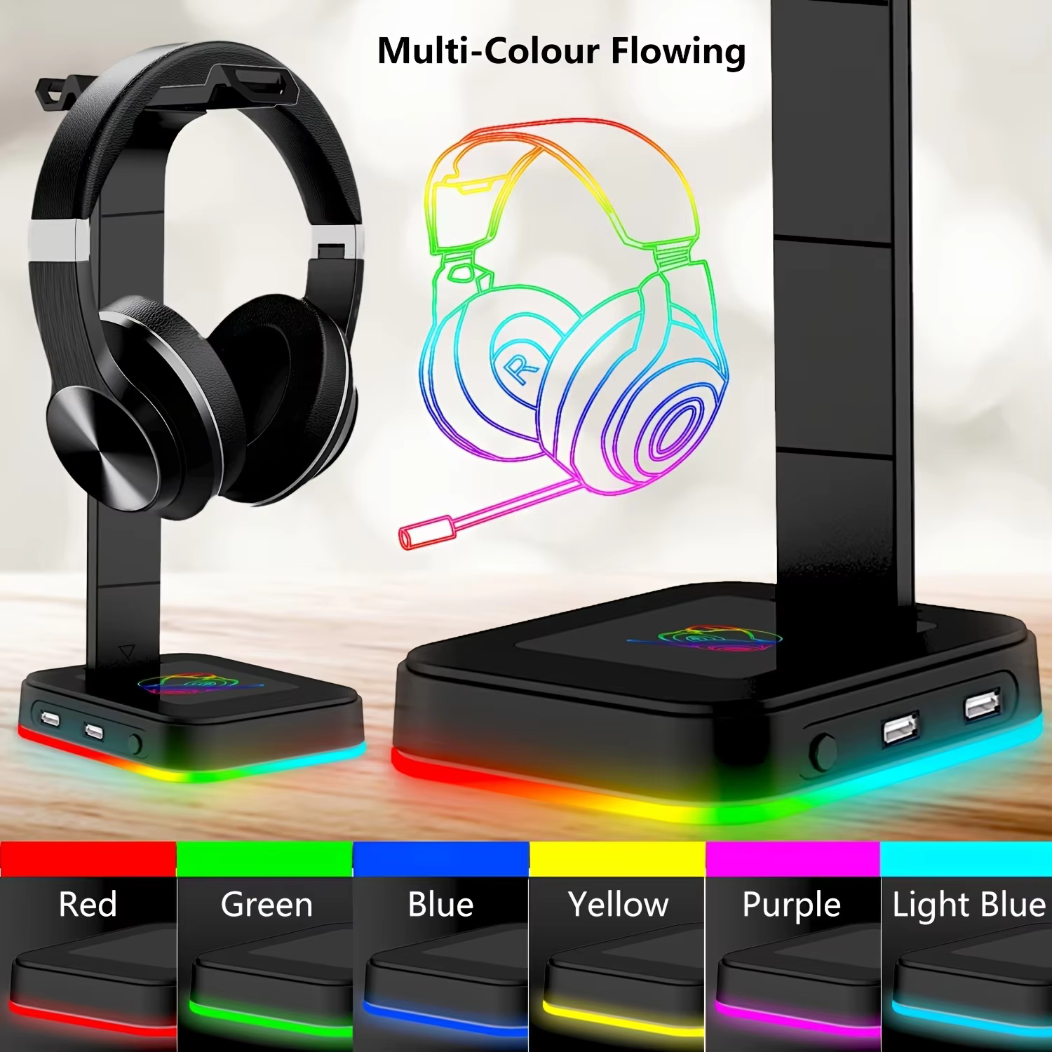 Support pour casque de jeu réglable avec LED RGB à changement de couleur et double ports USB pour cl