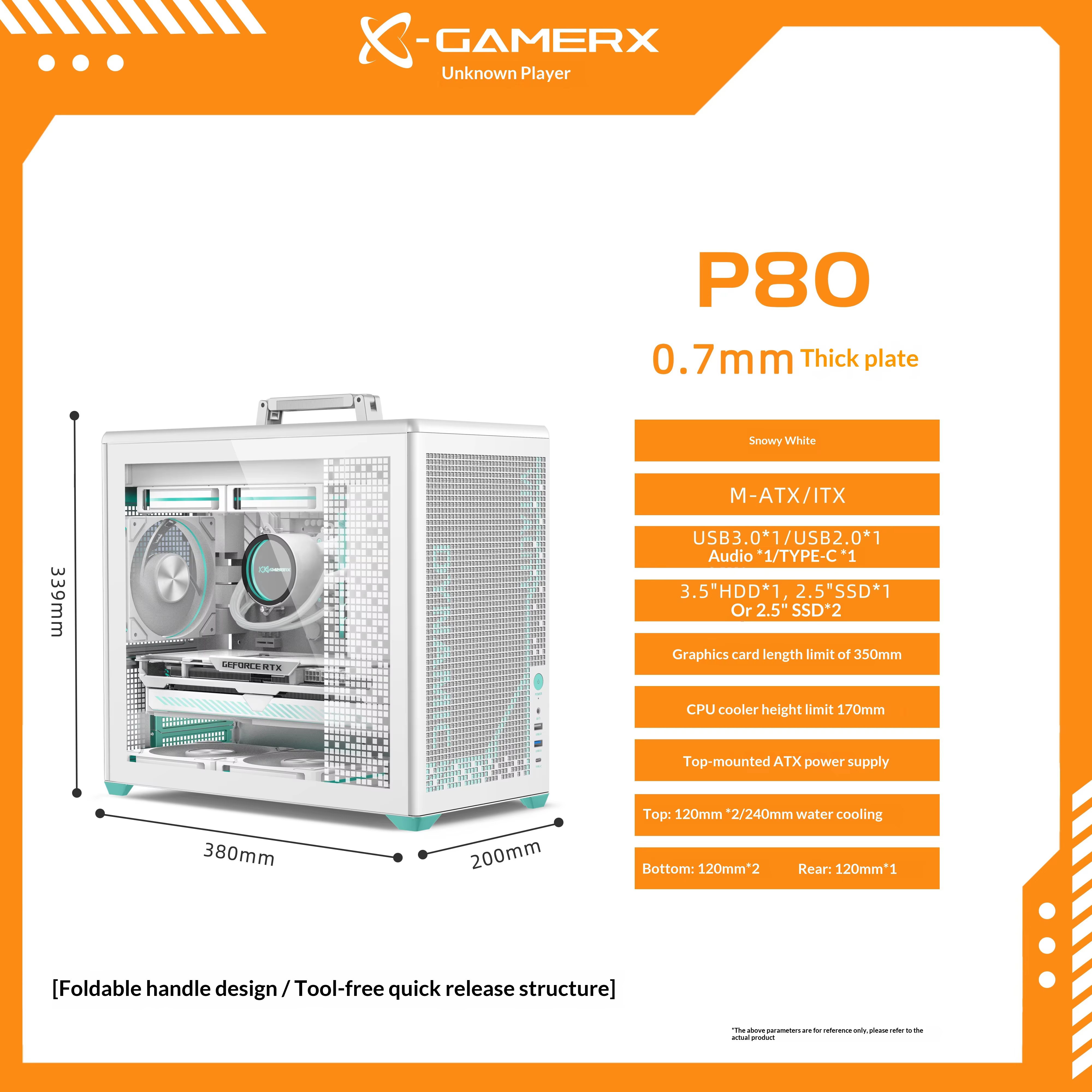 Boîtier PC X-GAMERX P80 ITX MATX avec côté transparent, refroidissement par eau 240, TYPE-C, poignée