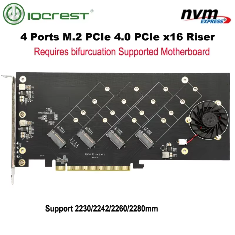 IOCREST – carte adaptateur de contrôleur riser M.2 NVMe vers Pcie 4.0 X16, 4 Ports, prise en charge