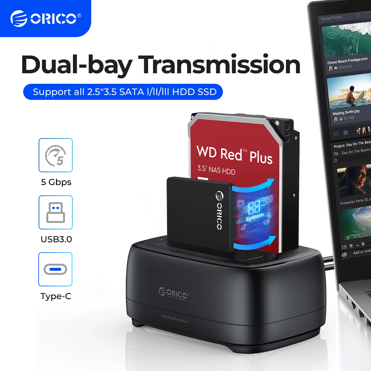 ORICO Station de disque dur double baie USB3.0 5Gbps type-c HDD Station d'accueil avec adaptateur d'