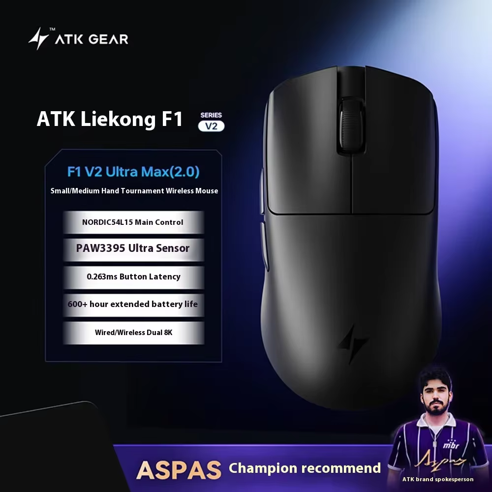 Souris sans fil ATK F1 V2 Tri Mode PAW3395 PAW3950 8000Hz Souris de jeu légère pour PC CS Valorant E