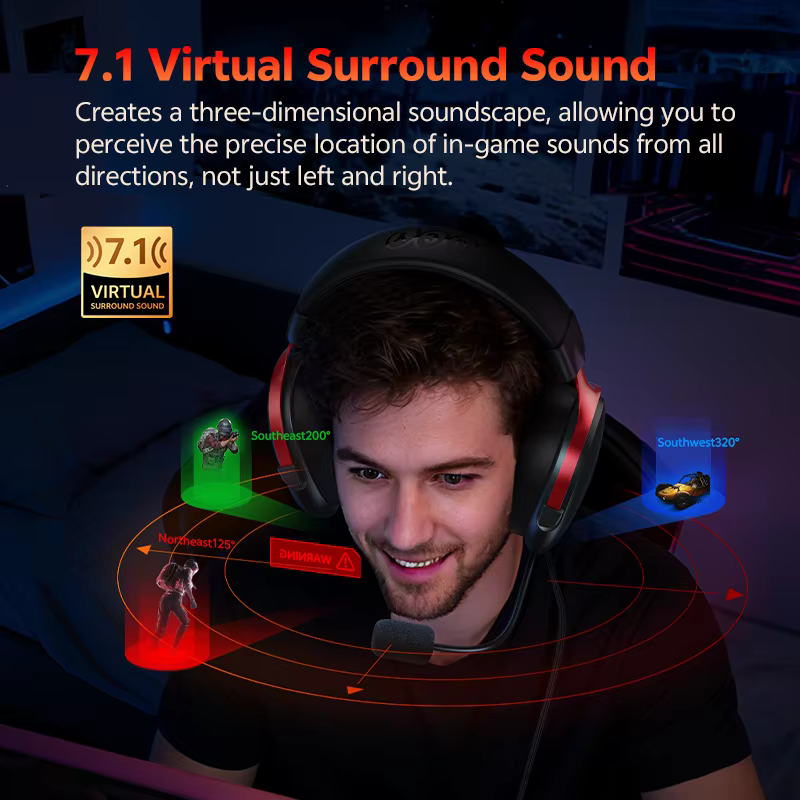 QCY VN200 Pro casque de jeu filaire avec micro 40mm pilote 7.1 Surround sur l'oreille casque pour PC