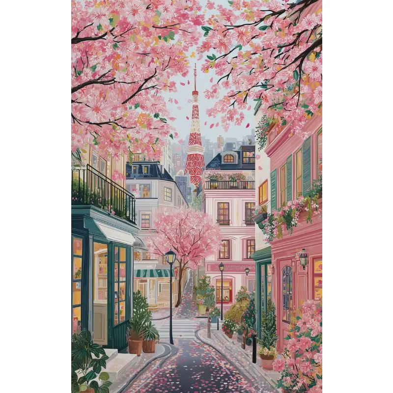 Affiche de paysage de voyage au Japon, ville florale rose, village japonais, fleurs de cerisier, pei