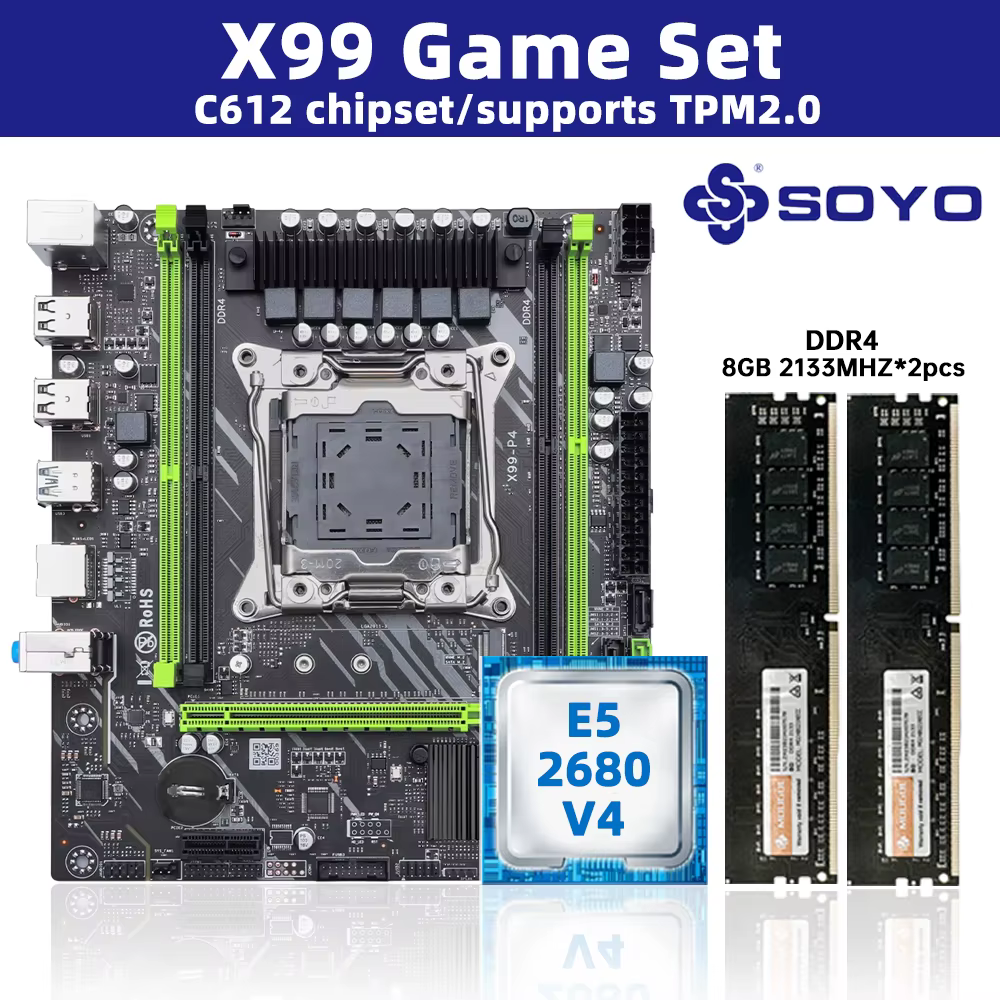 Kit de carte mère SOYO blanc X99 avec processeur E5-2680 V4 et DDR 2133MHZ 8GB * 2 = 8GB RAM LGA2011