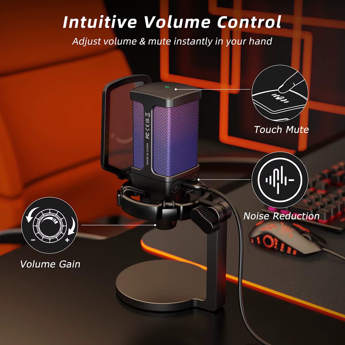 Microphone USB de jeu AmpliGame avec suppression du bruit, micro RGB avec fonction de sourdine rapid