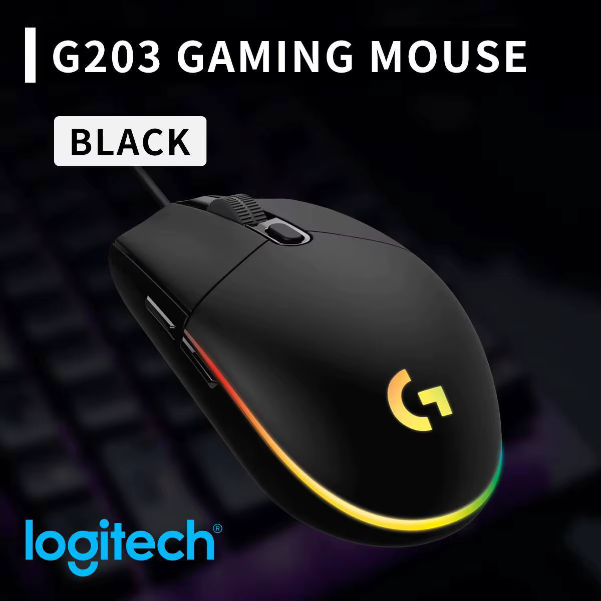 Souris filaire Logitech G203 pour jeux, 200-8000 DPI, LIGHTSYNC RGB, 6 boutons, temps de réponse de 