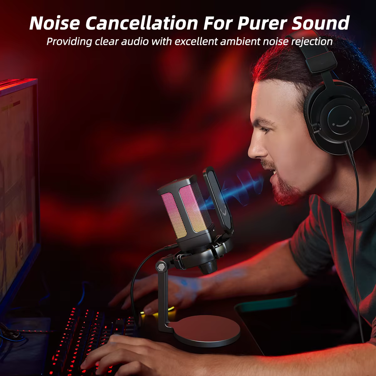 Microphone USB de jeu AmpliGame avec suppression du bruit, micro RGB avec fonction de sourdine rapid