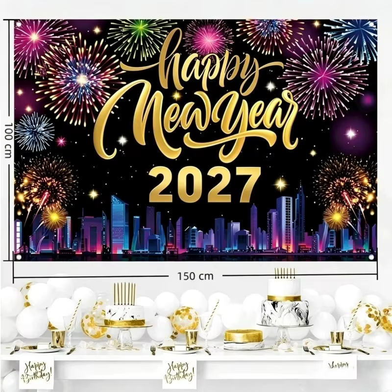 Décor de fête Joyeux Nouvel An 2027, toile de fond, champagne, horloge, bannière de Noël, fourniture