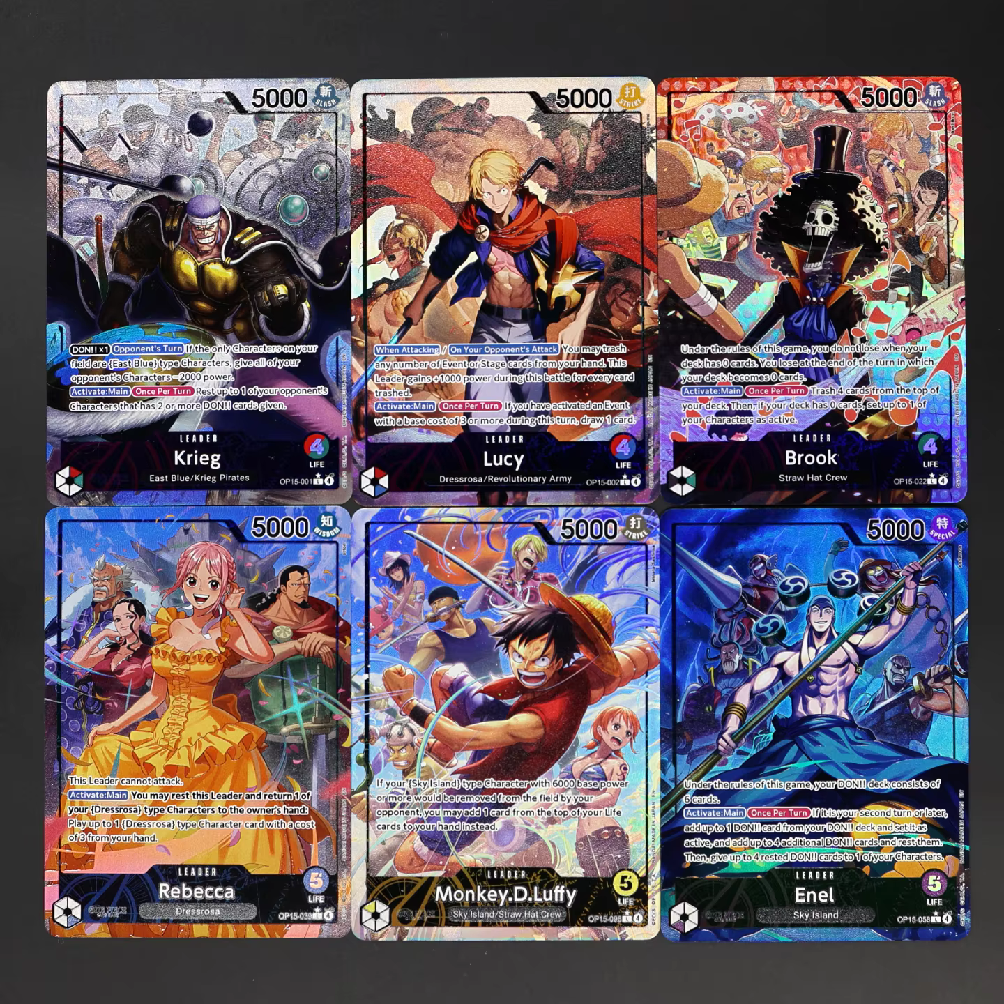 Carte de leader One Piece TCG OPCG en anglais OP15 - Ensemble de cartes de leader Luffy, Lucy, Enel,