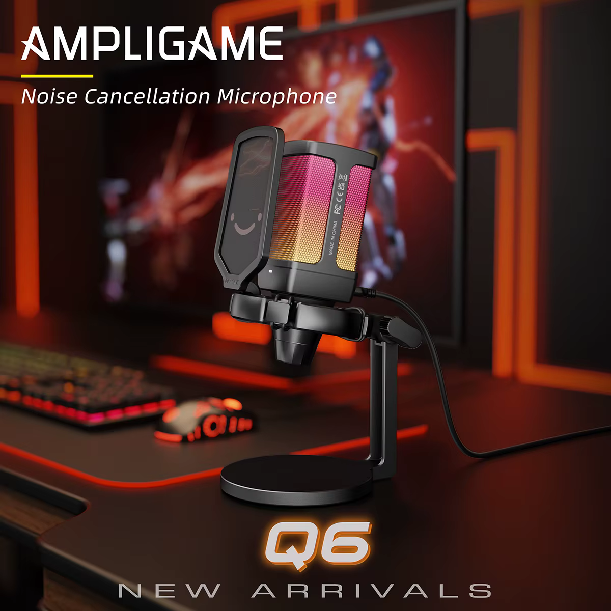 Microphone USB de jeu AmpliGame avec suppression du bruit, micro RGB avec fonction de sourdine rapid