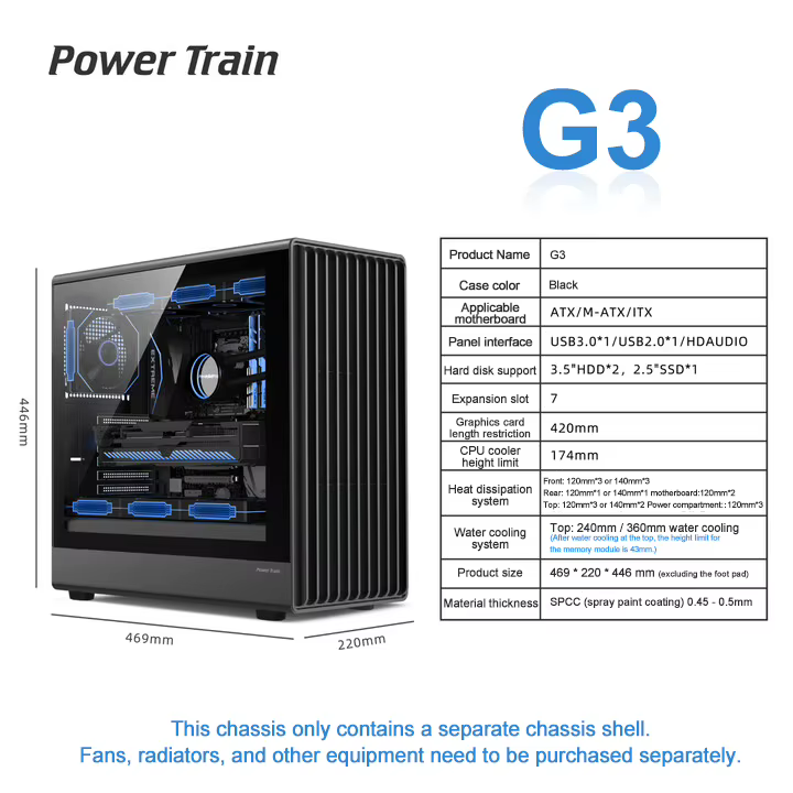 Power Train G1 G2 G3 boîtier d'ordinateur de bureau ATX côté verre châssis Transparent maille boîtie