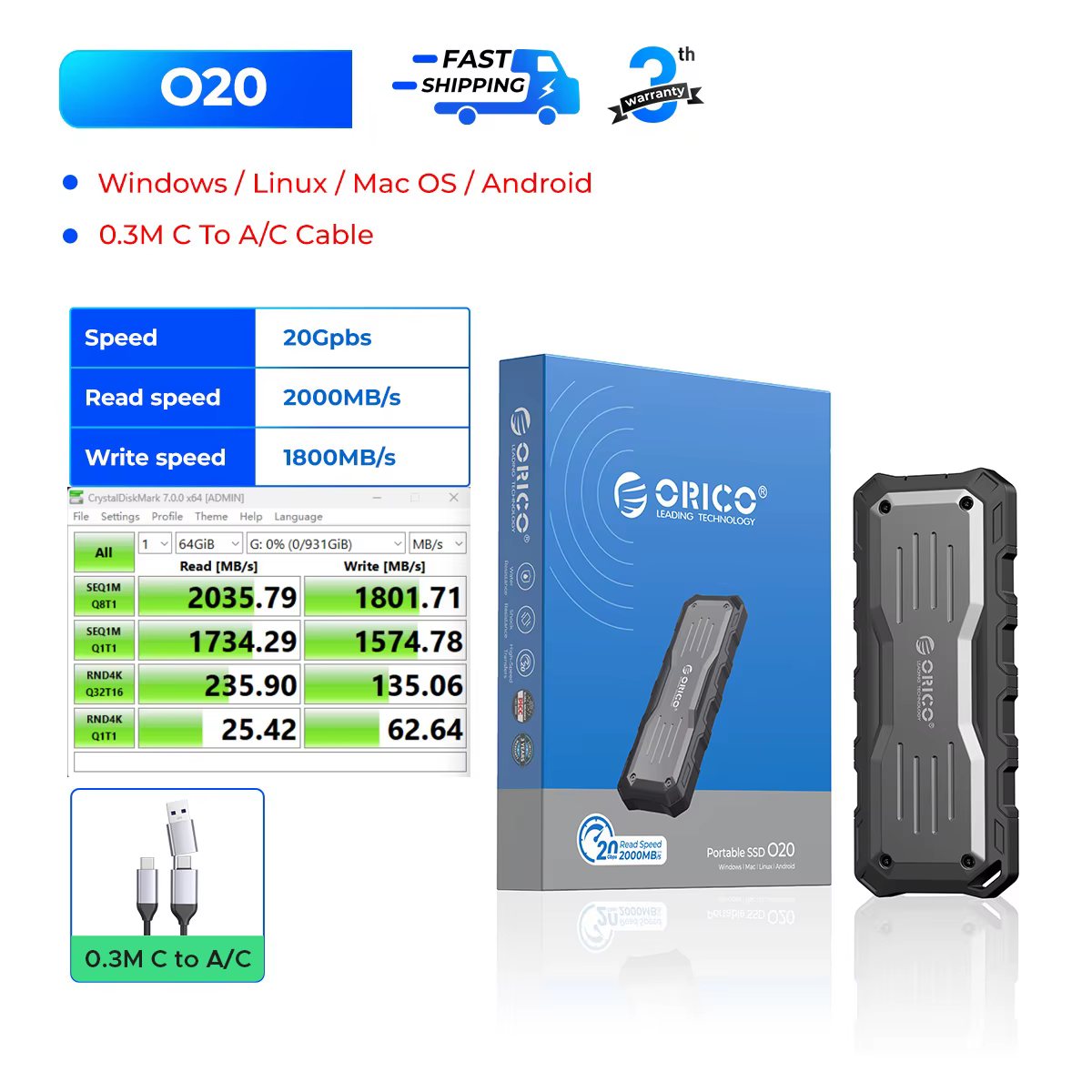 ORICO Mecha-Disque SSD externe portable, SSD 2000 Mbps, 2 To, 1 To, USB 3.2, Gen2 Type-C, PSSD pour
