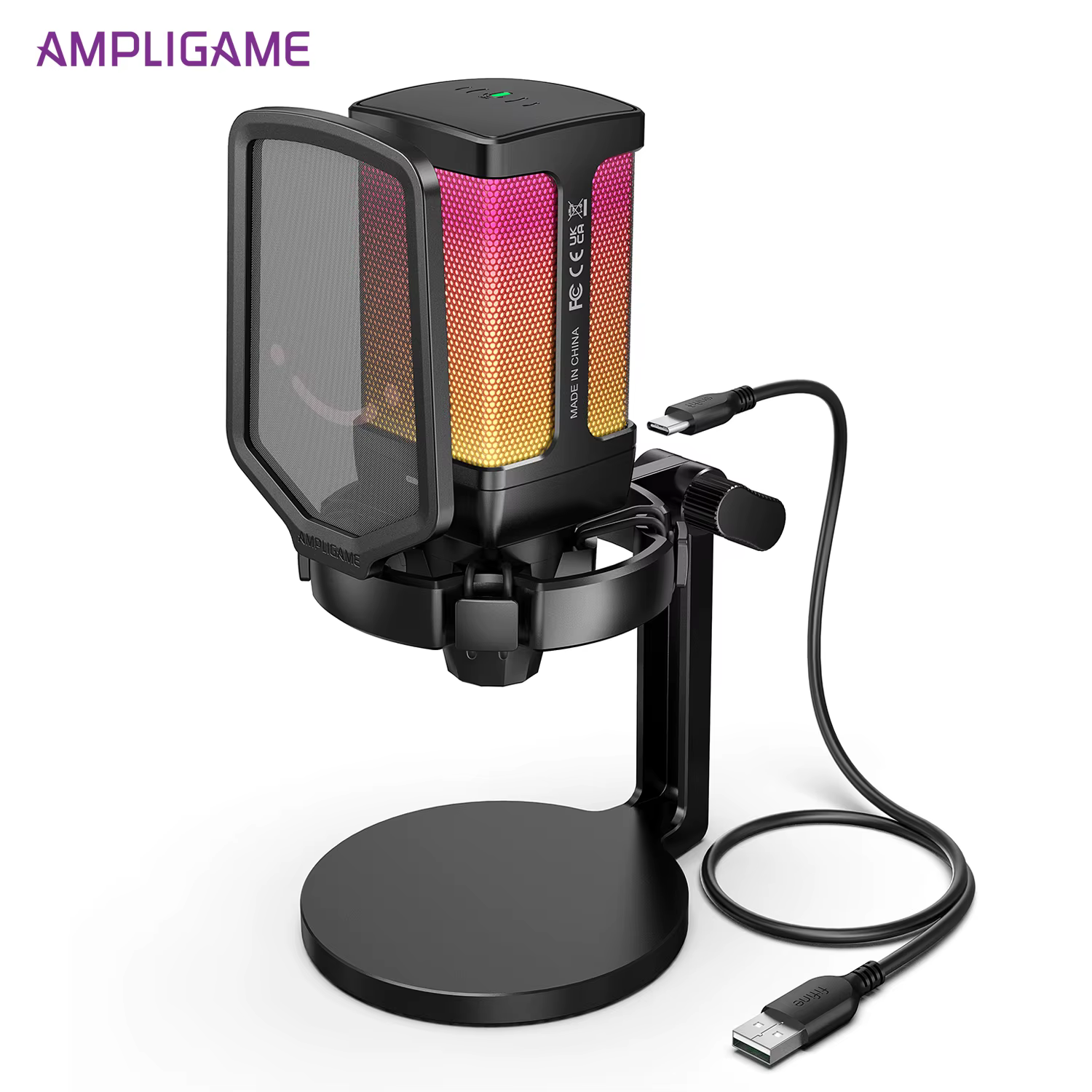 Microphone USB de jeu AmpliGame avec suppression du bruit, micro RGB avec fonction de sourdine rapid