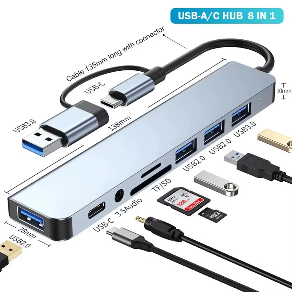 Hub USB Type C 8 en 1, Station d'accueil, Transmission haute vitesse, séparateur USB, adaptateur de 