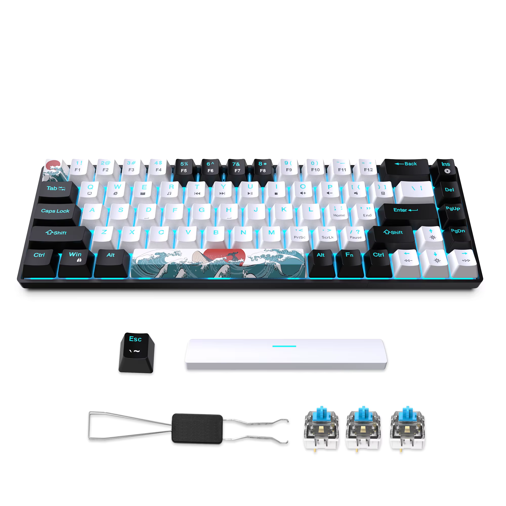 Clavier de jeu mécanique 68 touches, commutateurs bleus et mini clavier de jeu multicolore et détach