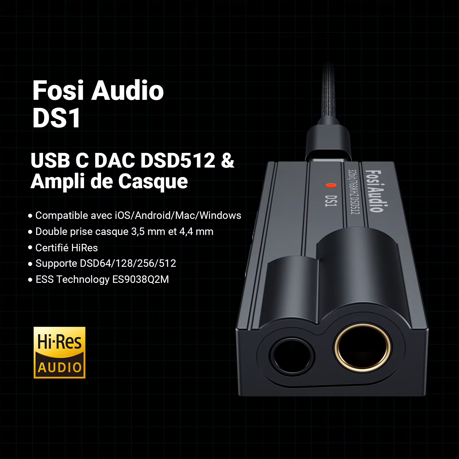Fosi Audio DS1 DSD512 HiFi USB DAC Dongle amplificateur de casque Mini décodeur
