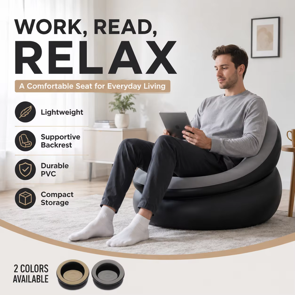 1PC Chaise longue gonflable portable, fauteuil simple, siège doux et confortable, canapé paresseux pour salon, chambre à coucher, bureau à domicile