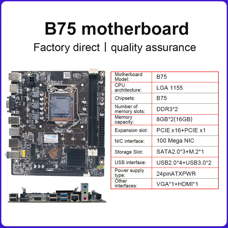 ENVINDA B75 carte mère LGA 1155 double canal DDR3 mémoire SATA III USB 3.0 pour Intel Core i7 i5 i3 Xeon CPU B75