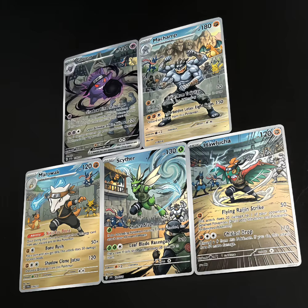 Cartes Pokemon PTCG, 5 pièces, carte holographique de combat Pokemon, cadeau, Style peinture à l'huile, Gengar Machamp Marowak Scyther Hawlucha, jouet de collection