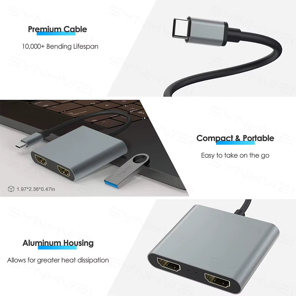 Hub USB C à 2 ports vers double répartiteur HDMI