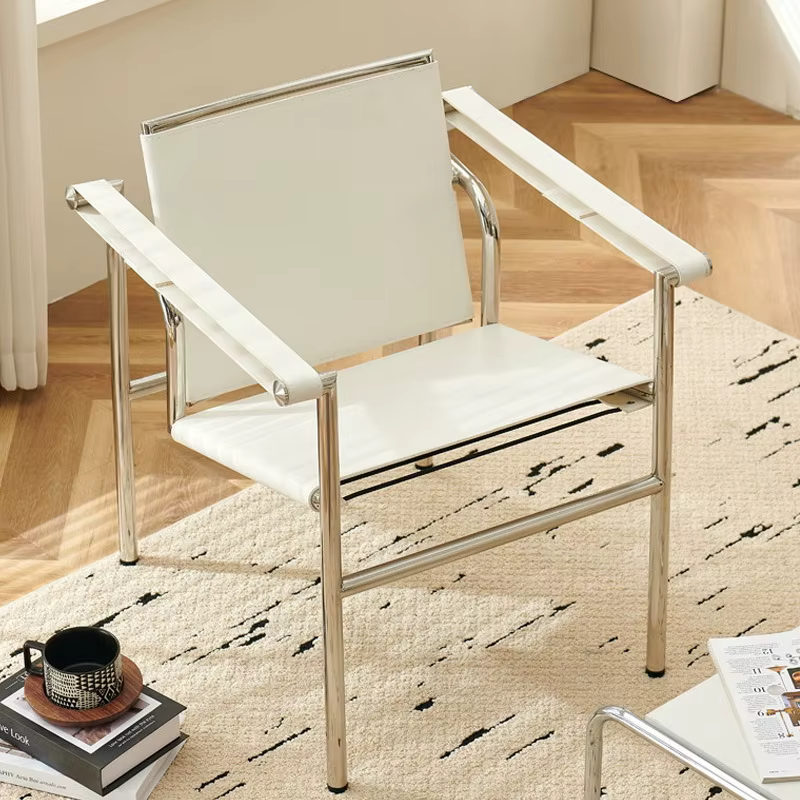 Fauteuil Selle Simple Italien, Chaise de Loisirs Individuelle en Cuir et Acier Inoxydable, Canapé Minimaliste Noir pour Salon
