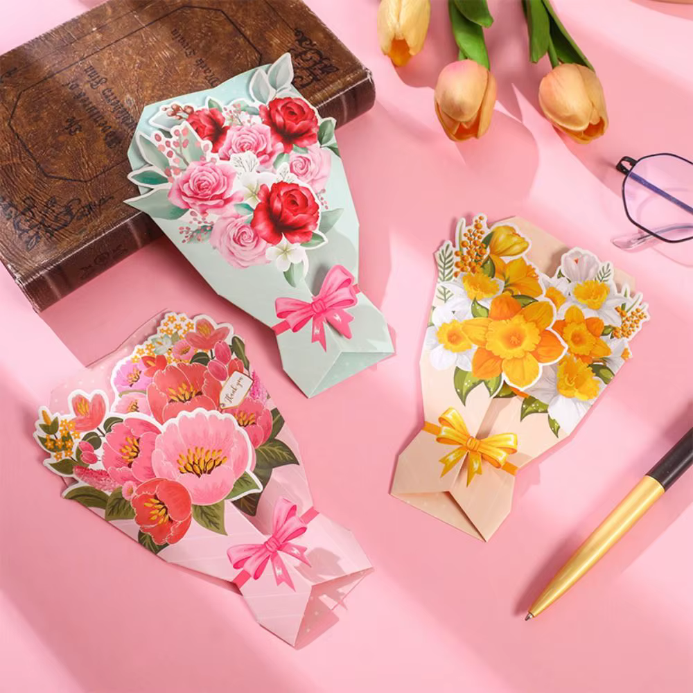 Carte de vœux 3D Fleurs en papier Tournesol/Rose/Œillet, Bouquet de fleurs artisanales, Carte de vœux DIY exquise pour Mariage