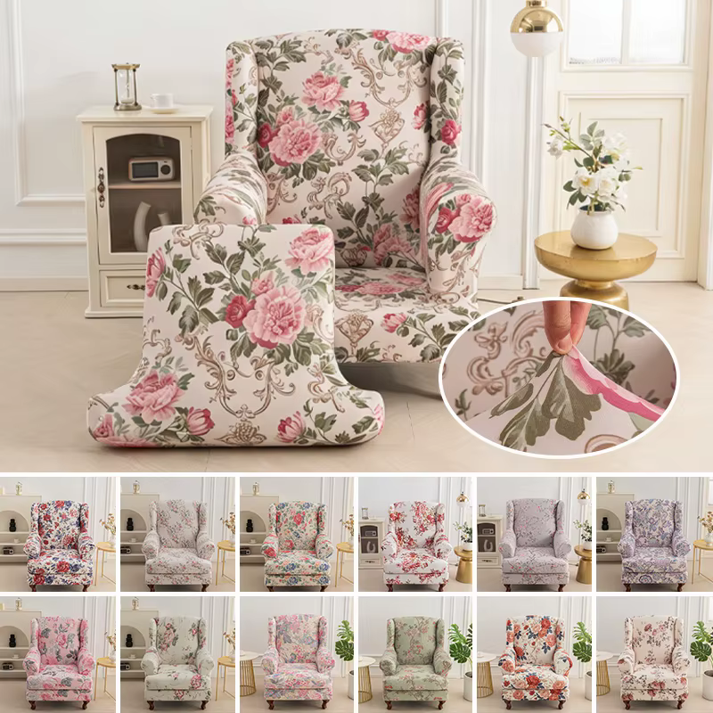 Housse de fauteuil à oreilles extensible en Spandex élastique, motif floral nordique, avec housse de coussin, protection de meubles