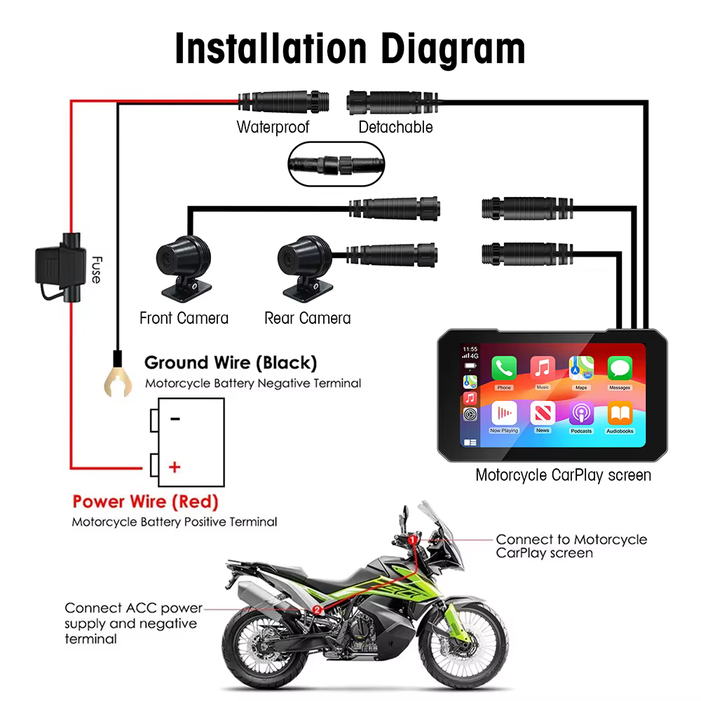 GPS portable pour moto, 5 pouces, étanche IP67, navigation sans fil, Carplay, Android Auto, enregistreur de conduite DVR, moniteur moto, WIFI