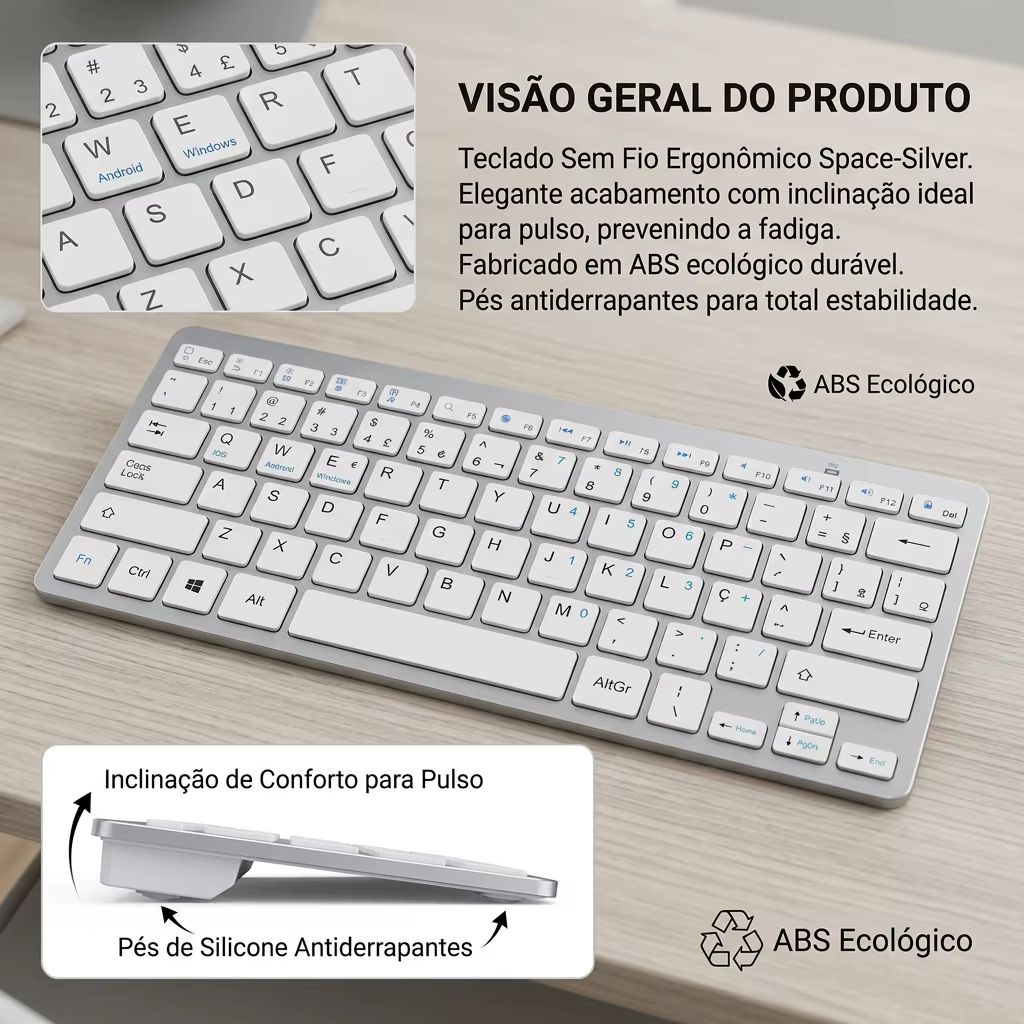 Clavier Bluetooth portugais (Brésil) sans fil, portable, ultra fin, silencieux, pour Mac, iPad, iPhone, iOS, Android, Windows, Smart