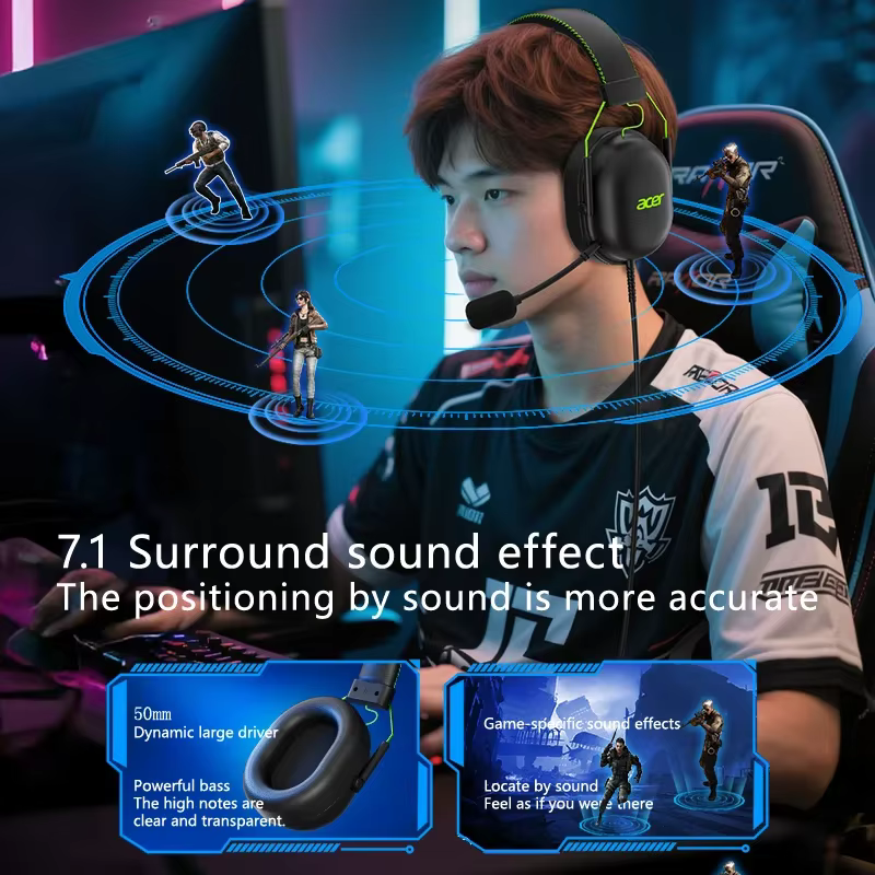 2025 Acer Gaming Casque OHW200 7.1 Surround Sound Wired USB Casques Gamer avec micro suppression du bruit