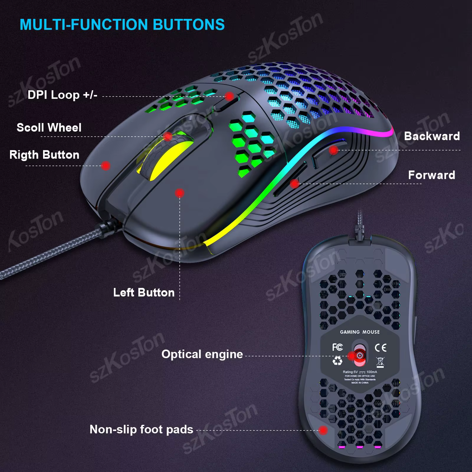 Souris de jeu filaire USB avec rétroéclairage RVB
