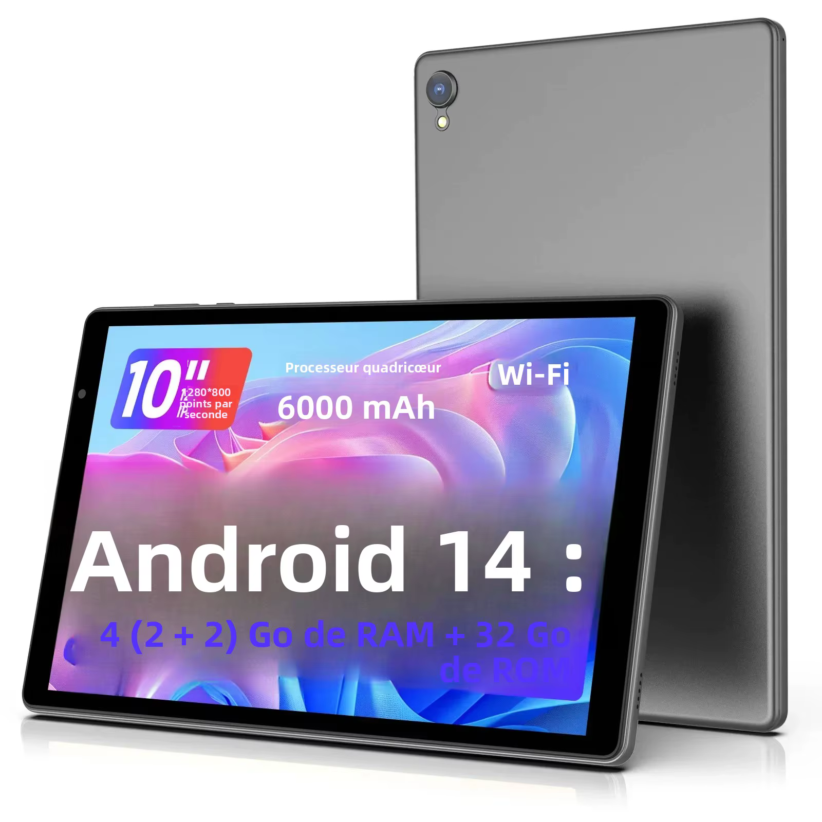 Dernière tablette Android 14, tablette 10 pouces, processeur Quad-core, WiFi 5G, 4 Go de ROM + 32 Go de RAM, résolution 1280 x 800, batterie 6000 mAh