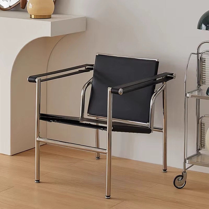 Fauteuil Selle Simple Italien, Chaise de Loisirs Individuelle en Cuir et Acier Inoxydable, Canapé Minimaliste Noir pour Salon