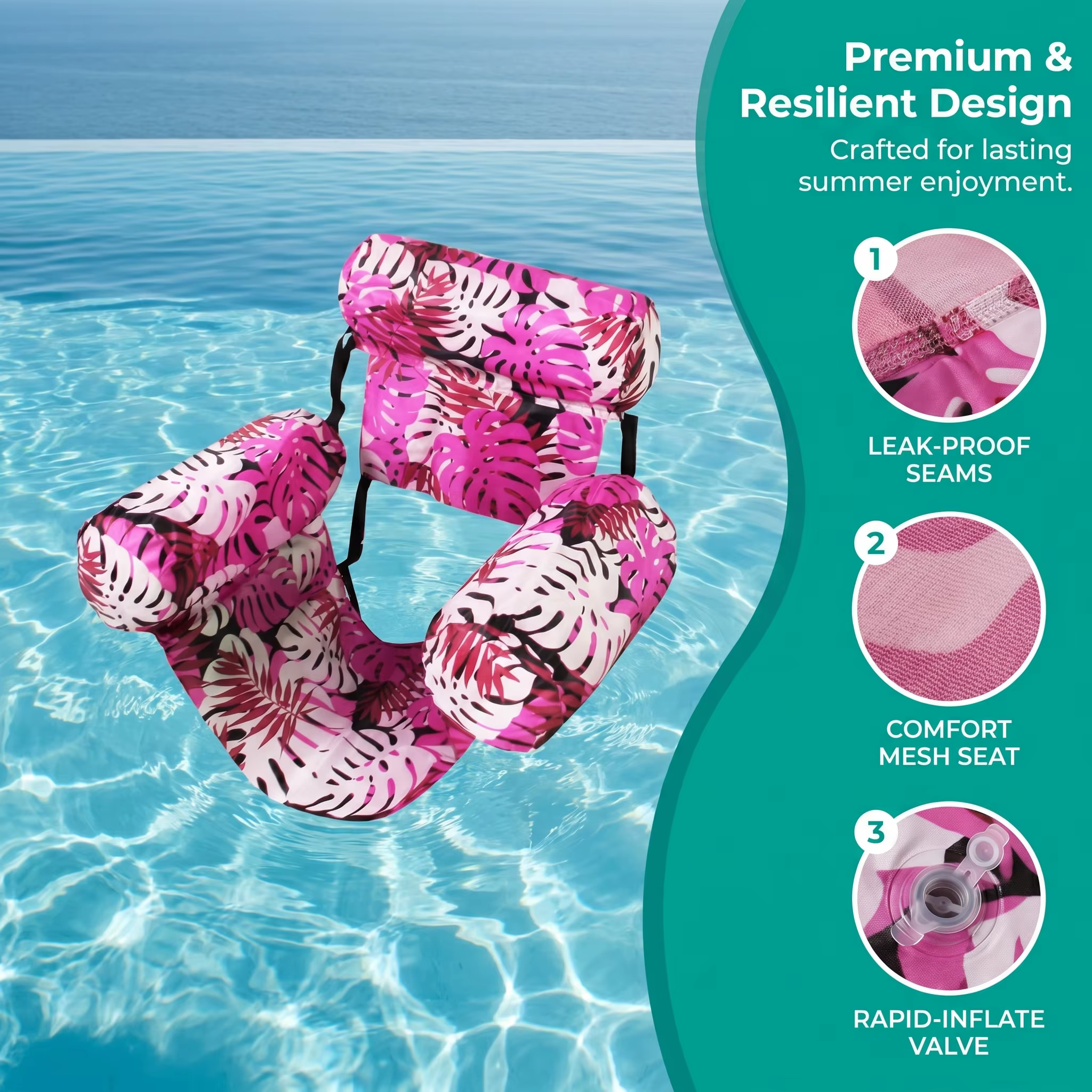 Chaises flottantes pour piscine, chaise longue gonflable pour adultes avec accoudoirs et dossier, transat flottant pour l'eau, hamac aquatique pour le plaisir estival dans l'eau
