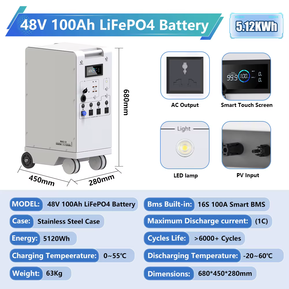 Centrale électrique Portable 5000W LiFePO4, 48V, 100ah, 5kwh, 6000W, onduleur MPPT avec lumière 18W-USB, entrée/sortie AC ue, entrée PV, STOCK ue
