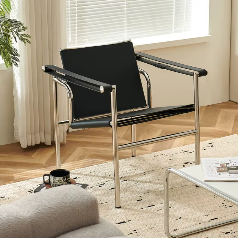 Fauteuil Selle Simple Italien, Chaise de Loisirs Individuelle en Cuir et Acier Inoxydable, Canapé Minimaliste Noir pour Salon