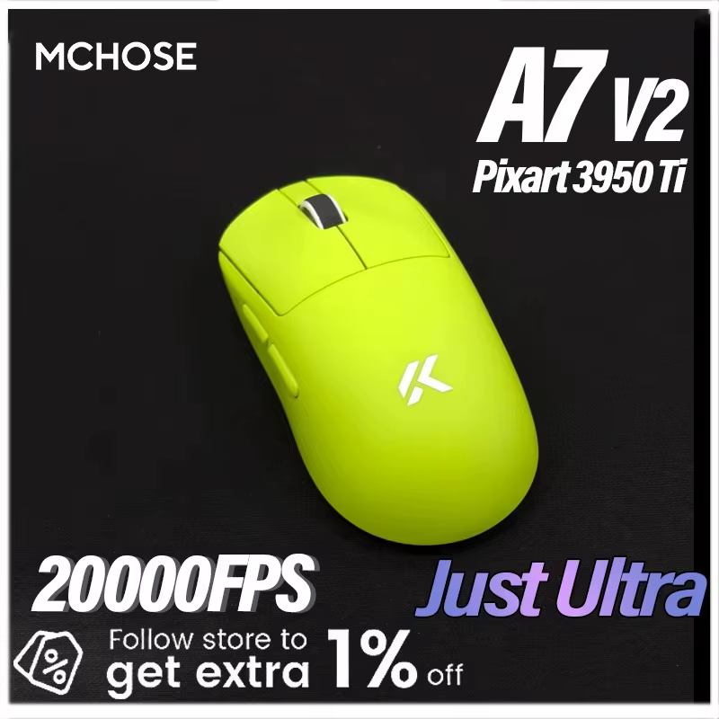 MCHOSE A7 V2 Ultra+ Souris de jeu sans fil tri-mode légère Paw3950 42000DPI 500MAh pour PC