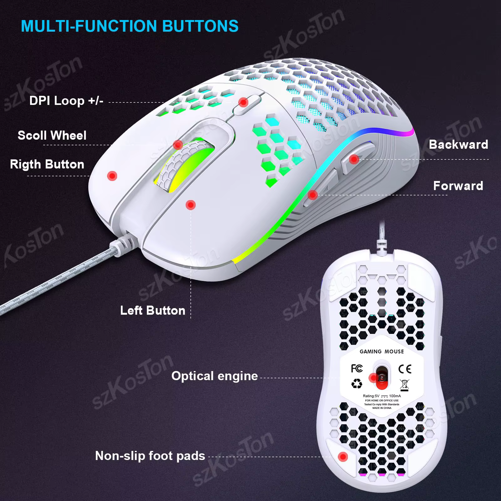 Souris de jeu filaire Honeycomb avec rétroéclairage RGB