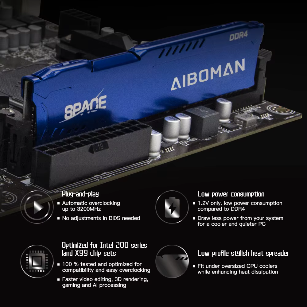 AIBOMAN RAM DDR4 16G 3200MHZ Gaming Ram avec dissipateur thermique