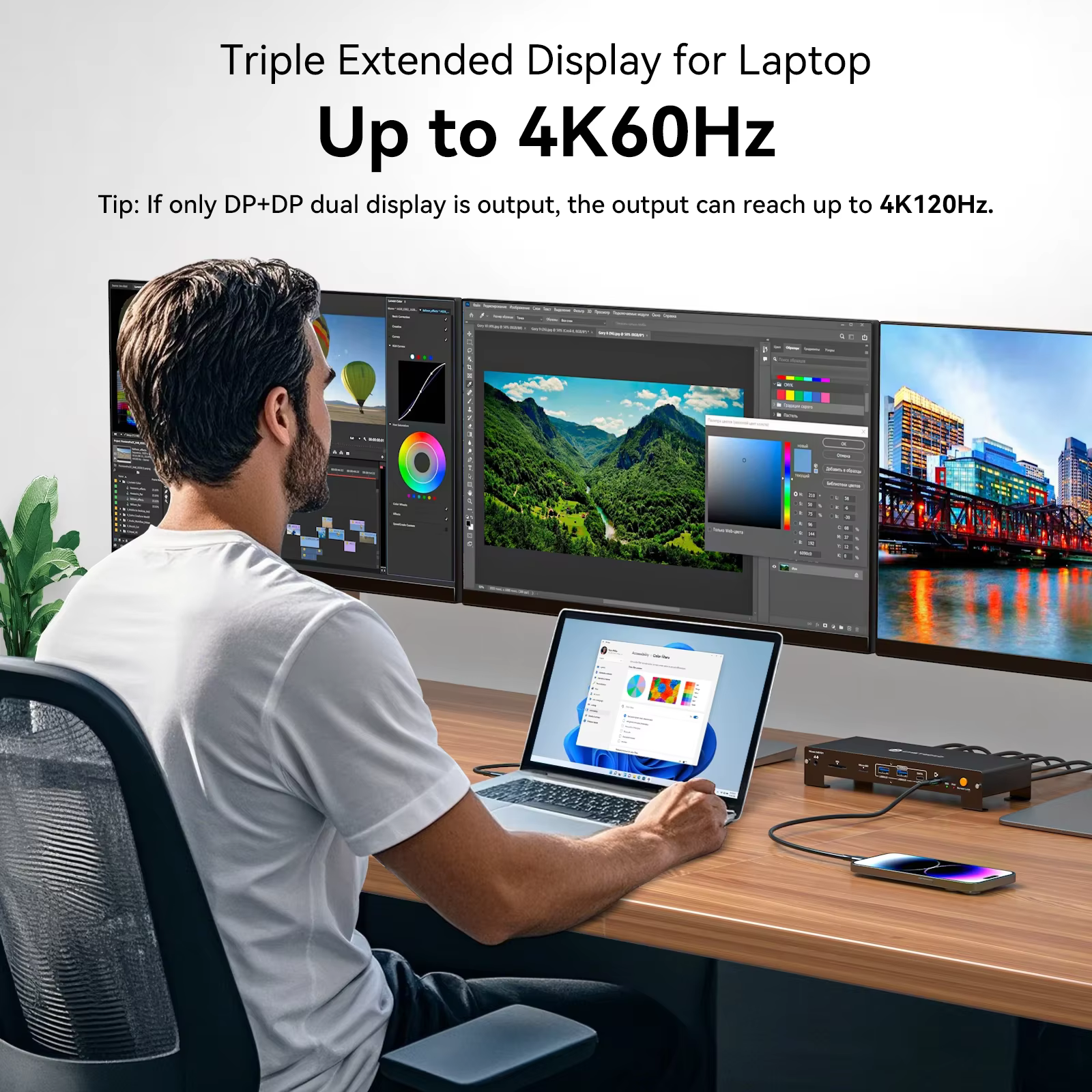 Station d'accueil USB C Triple affichage 4K @ 60Hz 1 PC partagé 3 moniteurs avec chargement PD HDMI DP 1000M Ethernet USB 3.2 SD TF VPFET