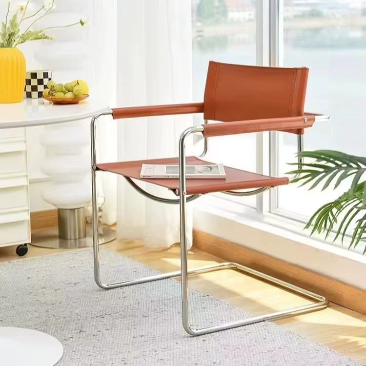 Bauhaus – chaise à dossier avec accoudoirs de bureau, selle en acier inoxydable, chaise de salle à manger en cuir, chaises de loisirs confortables, meubles pour accessoires Photo