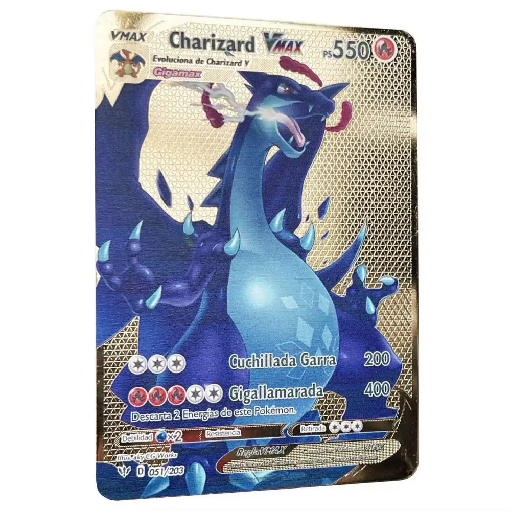 Cartes métalliques Pokemon en espagnol Pikachu Arceus Charizard, carte Flash de commerce à faire soi-même, cadeau de dessin animé