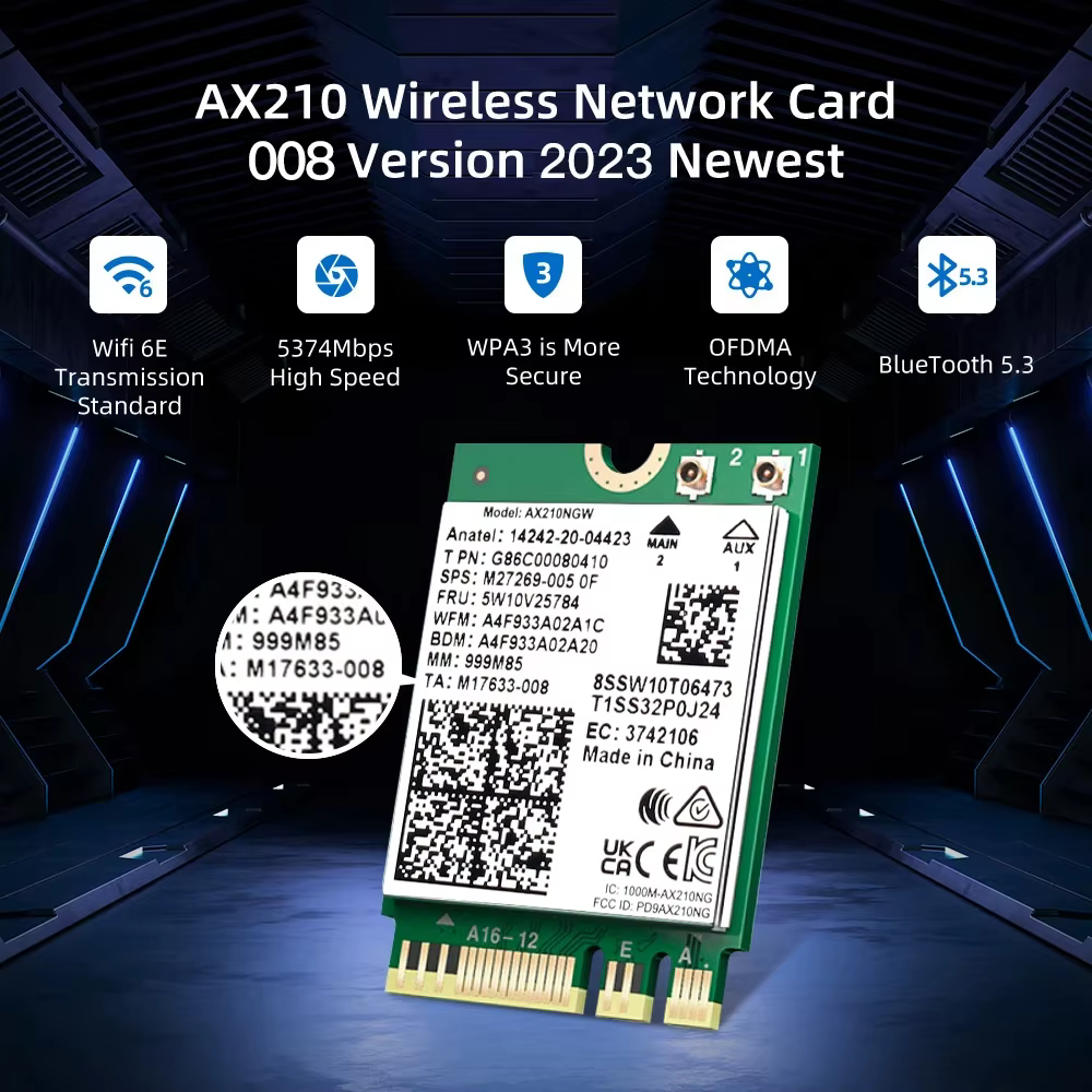 Carte sans fil WiFi 6E AX210 5374Mbps BT5.3 Tri-bande 2.4GHz/5GHz/6GHz 802.11ax