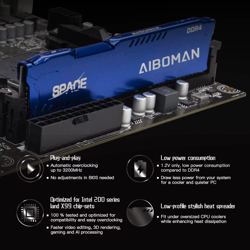 AIBOMAN DDR4 8G/16G 3200MHZ Ram de jeu avec dissipateur thermique tout nouveau bureau transaction à grande vitesse adapté à toutes les cartes mères