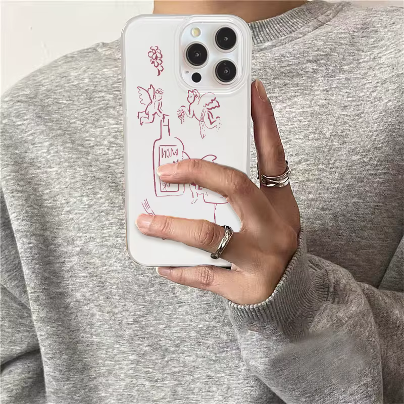 Coque de téléphone style artistique Double couche avec lignes d'ange peintes à fond blanc, pour iPhone 11 12 13 14 15 16 pro max