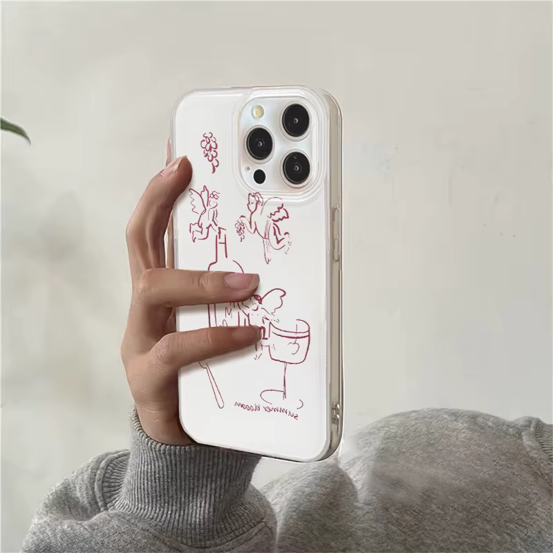 Coque de téléphone style artistique Double couche avec lignes d'ange peintes à fond blanc, pour iPhone 11 12 13 14 15 16 pro max