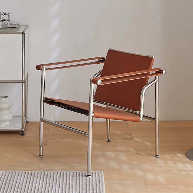 Fauteuil Selle Simple Italien, Chaise de Loisirs Individuelle en Cuir et Acier Inoxydable, Canapé Minimaliste Noir pour Salon