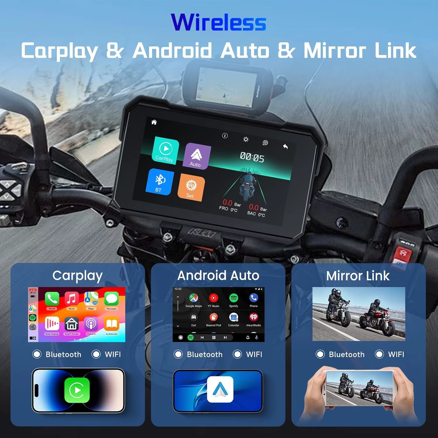 Navigation GPS portable pour moto de 5 pouces, écran étanche IPX7, Bluetooth sans fil, Carplay, Android Auto, moniteur de tableau de bord pour moto